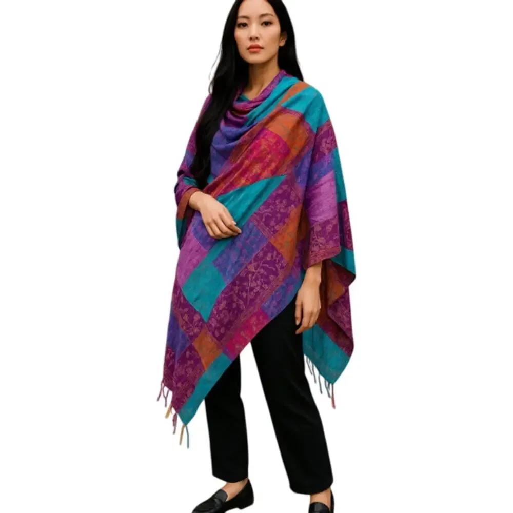 Green Sewn Patchwork Scarf Handmade from Vintage Silk Saris 70